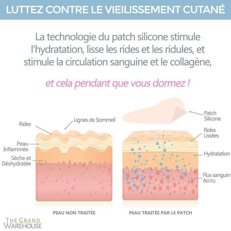 Luttez contre le vieillissement cutané. La technologie du patch silicone stimule l'hydratation, lisse les rides et ridules, et stimule la circulation sanguine et le collagène. Cela se fait pendant que vous dormez !